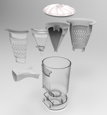Main Vacuum Cleaner Unit 3D printed with Stratasys grayscale and clear resins separately, and assembled together.